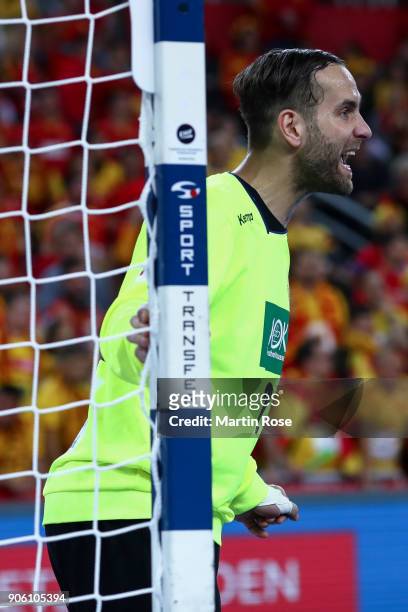 Goalkeepers Silvio Heinevetter of Germany reacts during the Men's Handball European Championship Group C match between Germany and FYR Macedonia at...