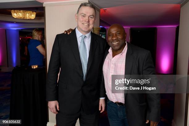 Eric Peters and Victor Ubogu attend The Nordoff Robbins Six Nations Championship Rugby dinner held at Grosvenor House, on January 17, 2018 in London,...