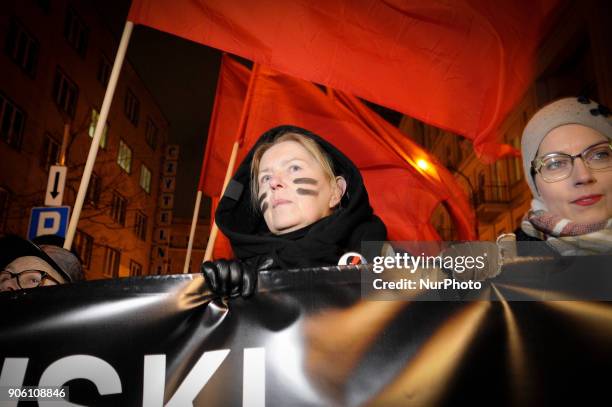 Thousands of women march in a protest of a new abortion law proposal in Warsaw, Poland on January 17, 2018. The new proposal would ban the abortion...