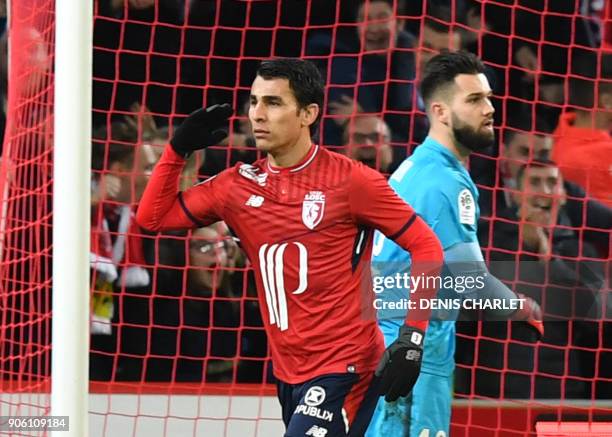 Lille's Paraguay defender Junior Alonso celebrates after scoring during the French L1 football match between Lille OSC and Rennes at the...