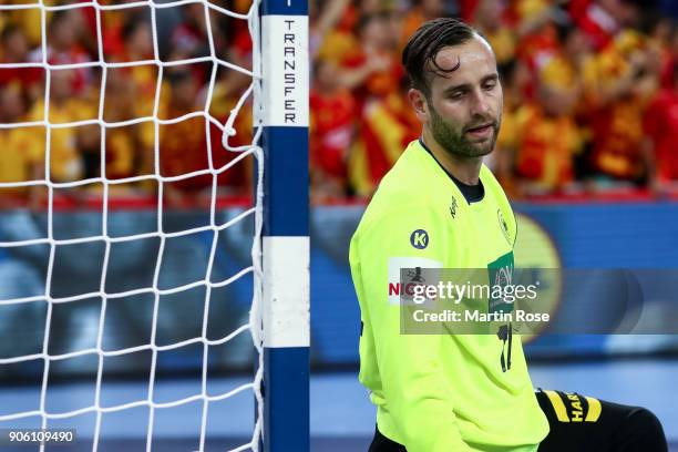 Goalkeeper Silvio Heinevetter of Germany reacts during the Men's Handball European Championship Group C match between Germany and FYR Macedonia at...