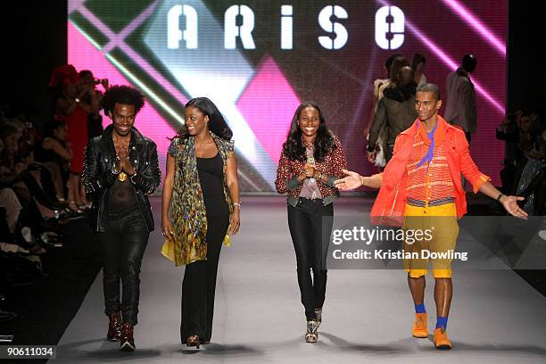 Designers David Tlale, Folake Folarin-Coker of Tiffany Amber, Lisa Folawiyo of Jewel by Lisa and Eric Raisina walk the runway at This Day/Arise:...