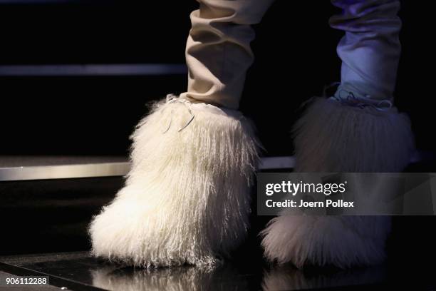 Shoe detail. Models wainting ahead of the Bogner show during the MBFW January 2018 at ewerk on January 17, 2018 in Berlin, Germany.