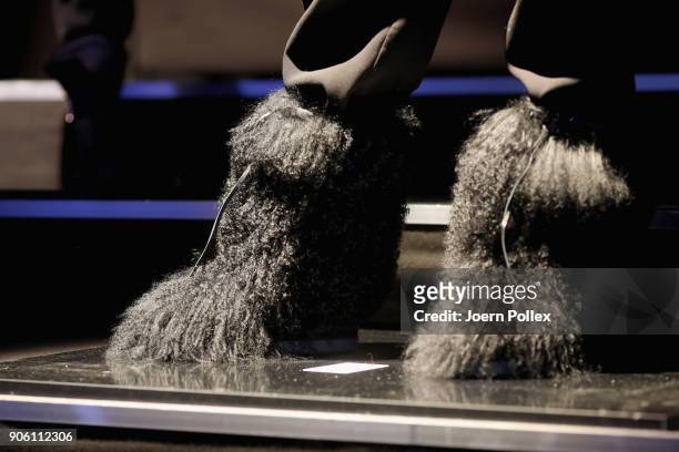 Shoe detail. Models wainting ahead of the Bogner show during the MBFW January 2018 at ewerk on January 17, 2018 in Berlin, Germany.