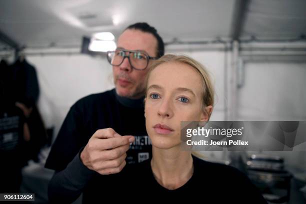 Models prepare backstage ahead of the Bogner show during the MBFW January 2018 at ewerk on January 17, 2018 in Berlin, Germany.