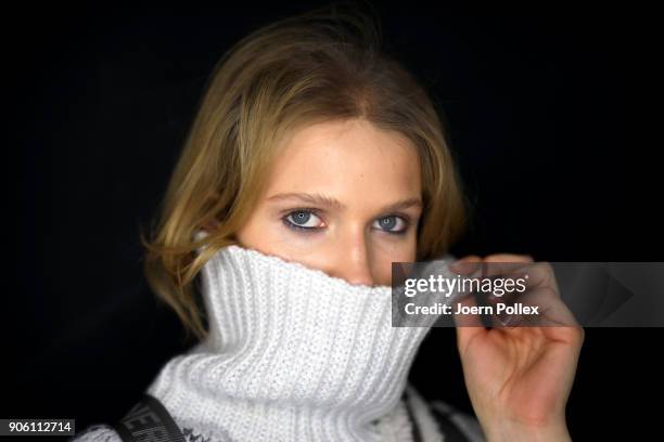 Models pose ahead of the Bogner show during the MBFW January 2018 at ewerk on January 17, 2018 in Berlin, Germany.