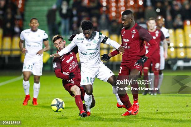 Julian Palmieri of Metz and Jonathan Bamba of Saint Etienne and Moussa Niakhate of Metz during the Ligue 1 match between Metz and AS Saint-Etienne at...