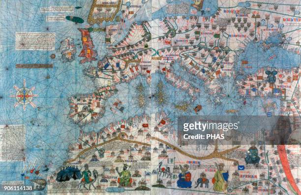 The Catalan Atlas, 1375. Attributed to the Majorcan Jewish cartographers Abraham and Jehuda Cresques, was service of King of Aragon. National Library...