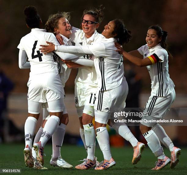 Leonie Koster of Germany celebrates scoring her team's second goal with her teammates during the international friendly match between U17 Girl's...