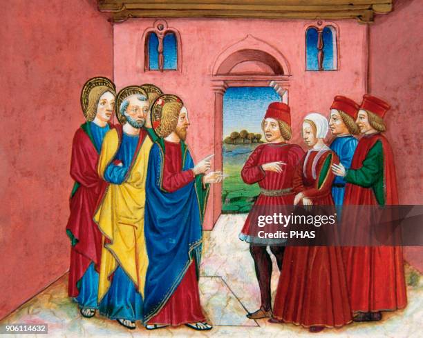 Cristoforo de Predis . Italian miniaturist. Miniature depicting the Pharisees bringing before Jesus a woman accused of adultery. In Stories of Saint...