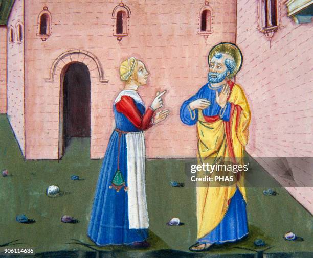 Cristoforo de Predis . Italian miniaturist. Miniature depicting Peter, discovered by a servant, denies knowing Jesus for the second time. In Stories...