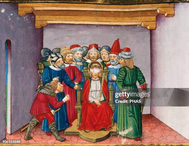 Cristoforo de Predis . Italian miniaturist. Miniature depicting Jesus, in purple robes, tortured and mocked. In Stories of Saint Joachim, Saint Anne,...