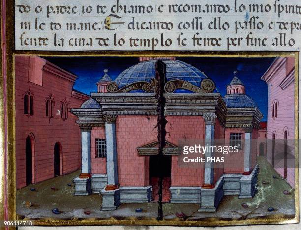 Cristoforo de Predis . Italian miniaturist. Miniature depicting Immediately after the death of Jesus, the temple cracks to the foundations. In...