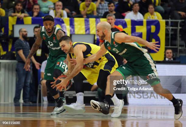 Kostas Sloukas, #16 of Fenerbahce Dogus in action with Nick Calathes, #33 and Marcus Denmon, #12 of Panathinaikos Superfoods during the 2017/2018...