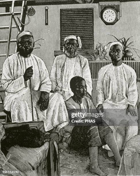 Tippu Tip . Swahili-Zanzibari slave trader. An ivory trader, explorer, plantation owner and governor. Tippu Tip with his collaborators. Engraving....