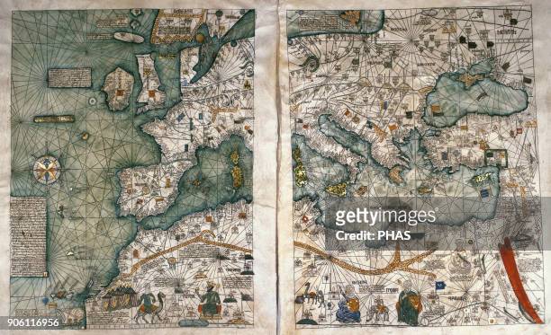 The Catalan Atlas, 1375. Attributed to the Majorcan Jewish cartographers Abraham and Jehuda Cresques, was service of King of Aragon. National Library...