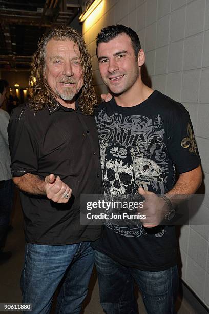 Robert Plant and Joe Calzaghe backstage at the O2 Rockwell concert in aid of Nordoff-Robbins Music Therapy at 02 Arena on September 11, 2009 in...