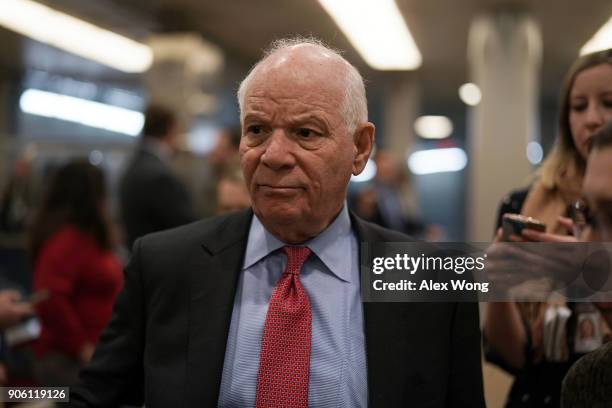 Sen. Ben Cardin speaks to members of the media in the basement of the U.S. Capitol prior to a Senate Democratic Policy Luncheon January 17, 2018 in...