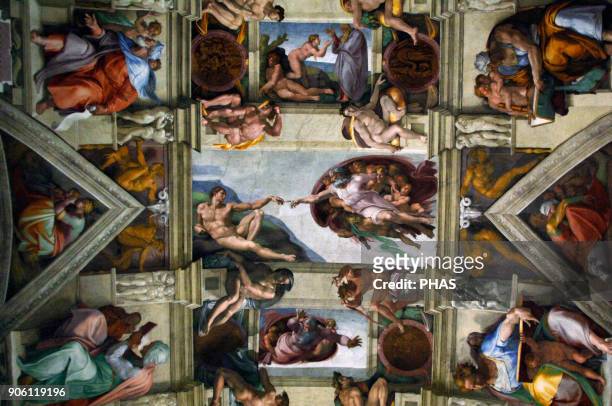 Michelangelo . Italian artist. Ceiling of Sistine Chapel. Detail with The Creation of Adam. Fresco. C.1512. Vatican Museums. Vatican City.