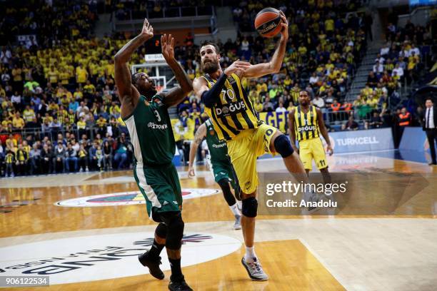 Luigi Datome of Fenerbahce Dogus in action against K. C. Rivers of Panathinaikos Superfoods Athens during a Turkish Airlines Euroleague basketball...