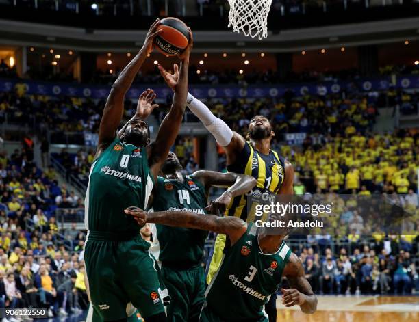Jason Tohmpson of Fenerbahce Dogus in action against Chris Singleton of Panathinaikos Superfoods Athens during a Turkish Airlines Euroleague...