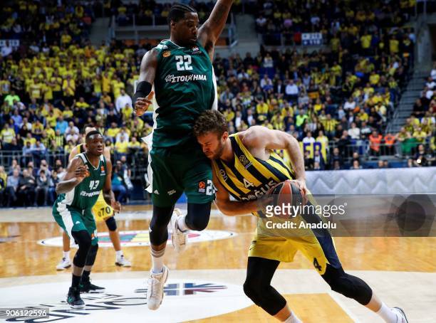 Nicolo Melli of Fenerbahce Dogus in action against Kenny Gabriel of Panathinaikos Superfoods Athens during a Turkish Airlines Euroleague basketball...