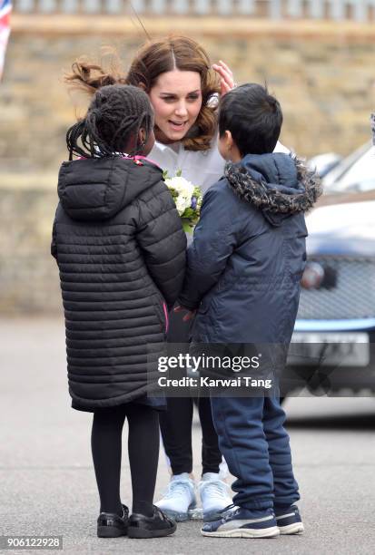 Catherine, Duchess of Cambridge visits The Wimbledon Junior Tennis Initiative at Bond Primary School on January 17, 2018 in London, England.