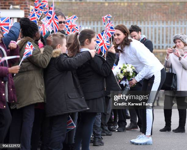 Catherine, Duchess of Cambridge visits The Wimbledon Junior Tennis Initiative at Bond Primary School on January 17, 2018 in London, England.