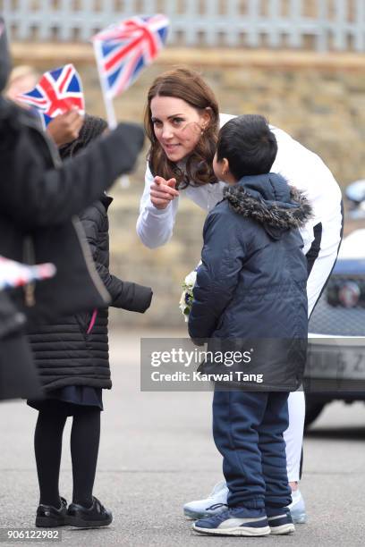 Catherine, Duchess of Cambridge, visits The Wimbledon Junior Tennis Initiative at Bond Primary School on January 17, 2018 in London, England.