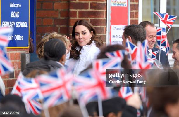 Catherine, Duchess of Cambridge, visits The Wimbledon Junior Tennis Initiative at Bond Primary School on January 17, 2018 in London, England.