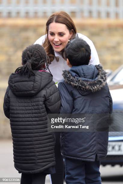 Catherine, Duchess of Cambridge, visits The Wimbledon Junior Tennis Initiative at Bond Primary School on January 17, 2018 in London, England.