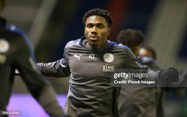 Josh Eppiah of Leicester City warms up at Boundary Park ahead of the Checkatrade Trophy tie between Oldham Athletic and Leicester City at Boundary...