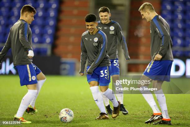 Josh Gordon of Leicester City warms up at Boundary Park ahead of the Checkatrade Trophy tie between Oldham Athletic and Leicester City at Boundary...