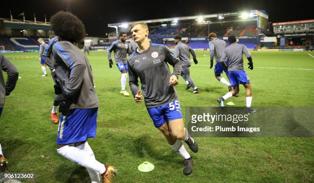 Kiernan Dewsbury-Hall of Leicester City warms up at Boundary Park ahead of the Checkatrade Trophy tie between Oldham Athletic and Leicester City at...