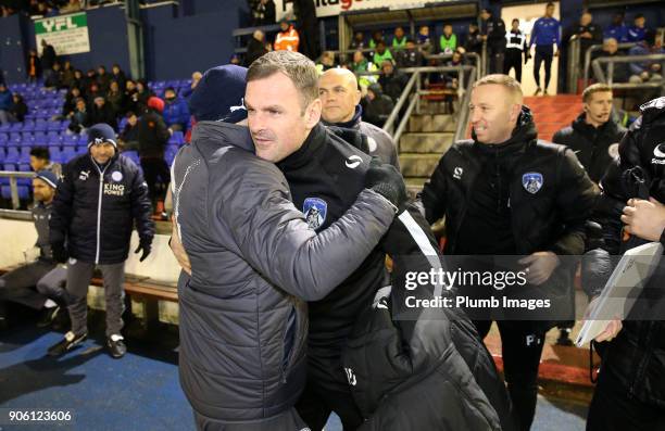 Manager Richie Wellens of Oldham Athletic with Development squad coach Steve Beaglehole of Leicester City at Boundary Park ahead of the Checkatrade...