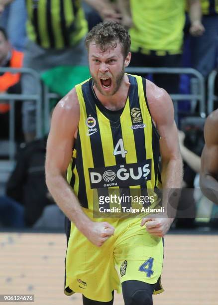 Nicolo Melli, #4 of Fenerbahce Dogus during the 2017/2018 Turkish Airlines EuroLeague Regular Season Round 18 game between Fenerbahce Dogus Istanbul...