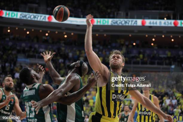 Nicolo Melli, #4 of Fenerbahce Dogus in action during the 2017/2018 Turkish Airlines EuroLeague Regular Season Round 18 game between Fenerbahce Dogus...