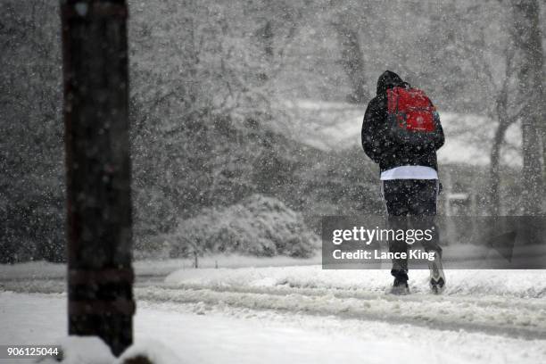 Man walks along Ridge Road as snow falls on January 17, 2018 in Raleigh, North Carolina. Governor Roy Cooper declared a State of Emergency yesterday...