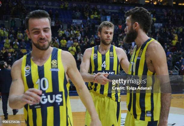 Nicolo Melli, #4 and Luigi Datome, #70 of Fenerbahce Dogus celebrates victory during the 2017/2018 Turkish Airlines EuroLeague Regular Season Round...