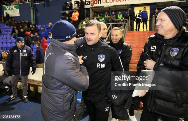 Manager Richie Wellens of Oldham Athletic with Development squad coach Steve Beaglehole of Leicester City at Boundary Park ahead of the Checkatrade...