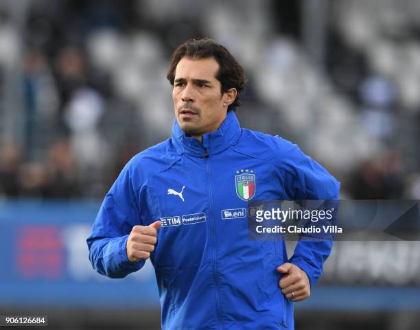 Assistant coach Italy Bernardo Corradi looks on prior to the U17 International Friendly match between Italy and Spain at Juventus Center Vinovo on...