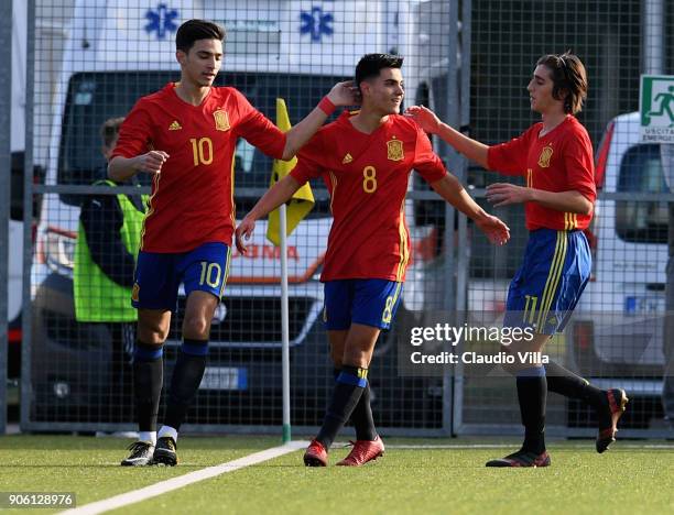 Arnau Puigmal of Spain celebrates after scoring the opening goal during the U17 International Friendly match between Italy and Spain at Juventus...