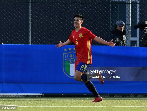 Arnau Puigmal of Spain celebrates after scoring the opening goal during the U17 International Friendly match between Italy and Spain at Juventus...