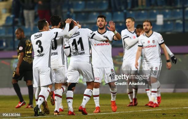 Mustafa Pektemek of Besiktas celebrates with his teammates after scoring during the Turkish Ziraat Cup soccer match between Osmanlispor and Besiktas...