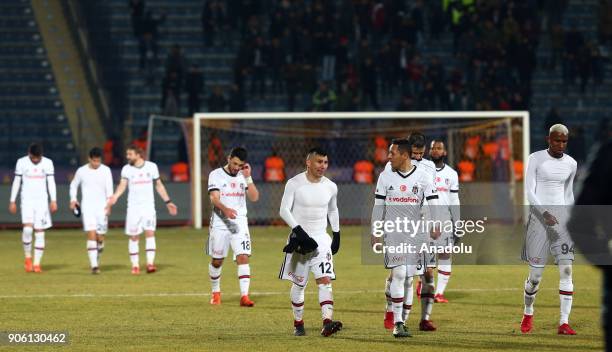 Players of Besiktas gesture after the Turkish Ziraat Cup soccer match between Osmanlispor and Besiktas at the Osmanli Stadium in Ankara, Turkey on...