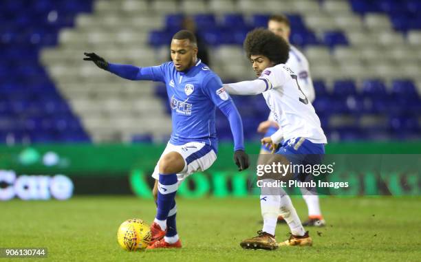 Hamza Choudhury of Leicester City in action with Gevaro Nepomuceno of Oldham Athletic during the Checkatrade Trophy tie between Oldham Athletic and...