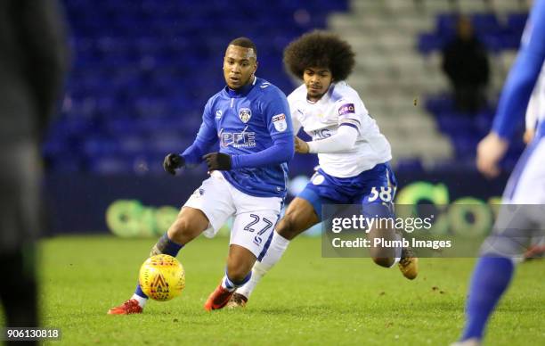 Hamza Choudhury of Leicester City in action with Gevaro Nepomuceno of Oldham Athletic during the Checkatrade Trophy tie between Oldham Athletic and...