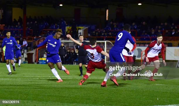 Callum Hudson-Odoi of Chelsea scores the second goal during the FA Youth Cup Fourth Round between Chelsea FC and West Bromwich Albion on January 17,...