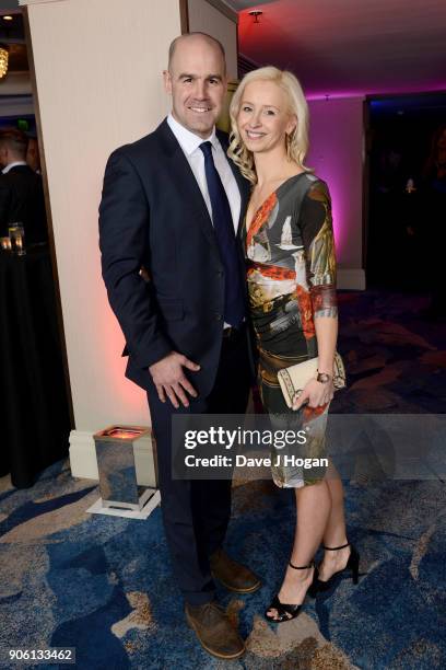 Charlie Hodgson and Daisy Hartley attends The Nordoff Robbins Six Nations Championship Rugby dinner held at Grosvenor House, on January 17, 2018 in...