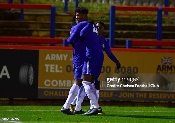 Marc Guehi of Chelsea celebrates the first goal during the FA Youth Cup Fourth Round between Chelsea FC and West Bromwich Albion on January 17, 2018...